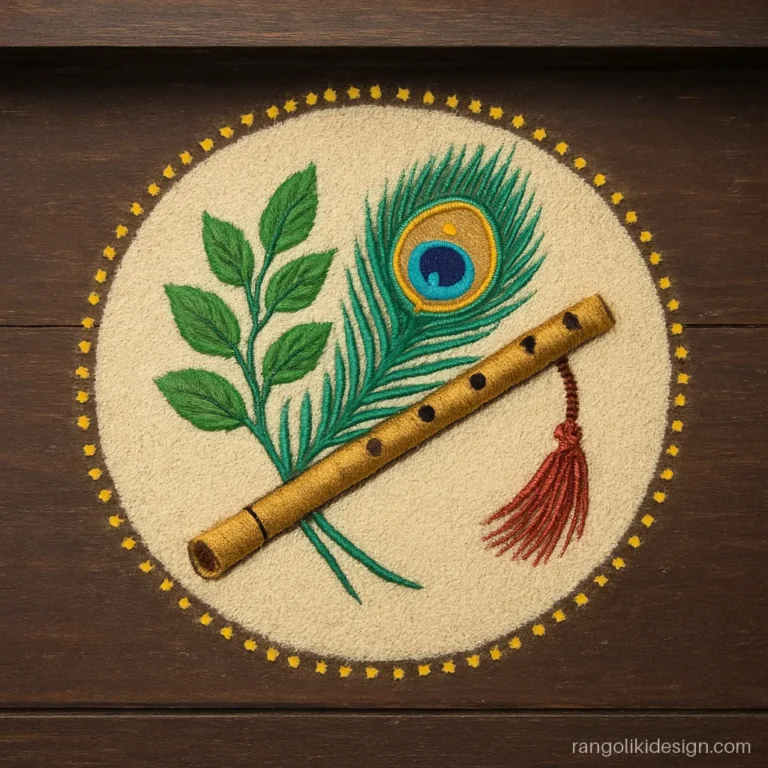 Tulsi rangoli design with a Krishna flute and a peacock feather across tulsi leaves