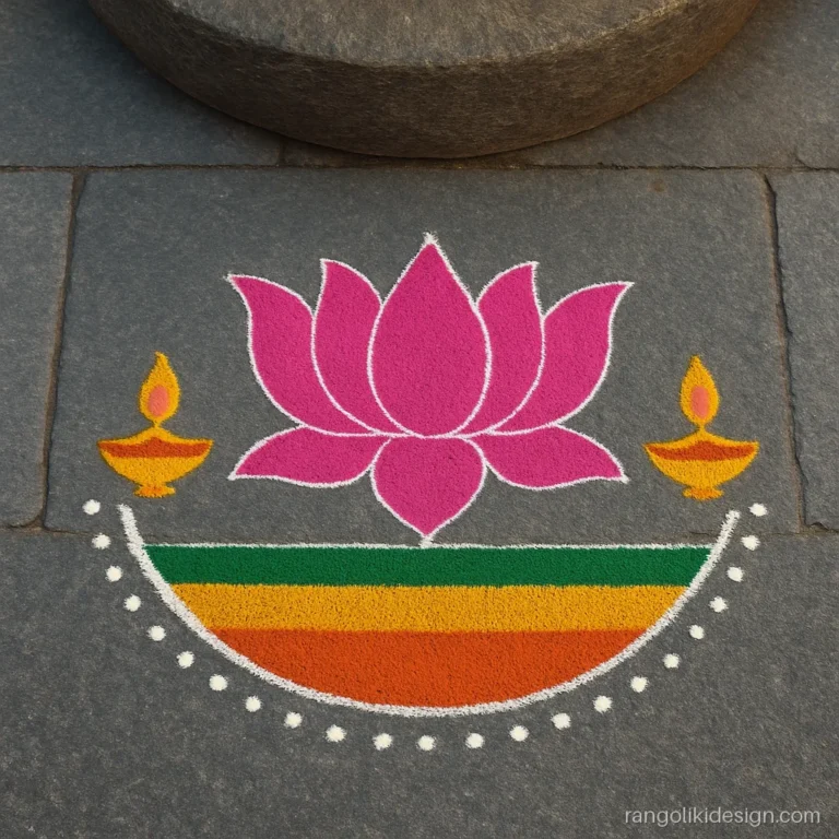 Simple rangoli design in front of a tulsi katte with a lotus and lamp