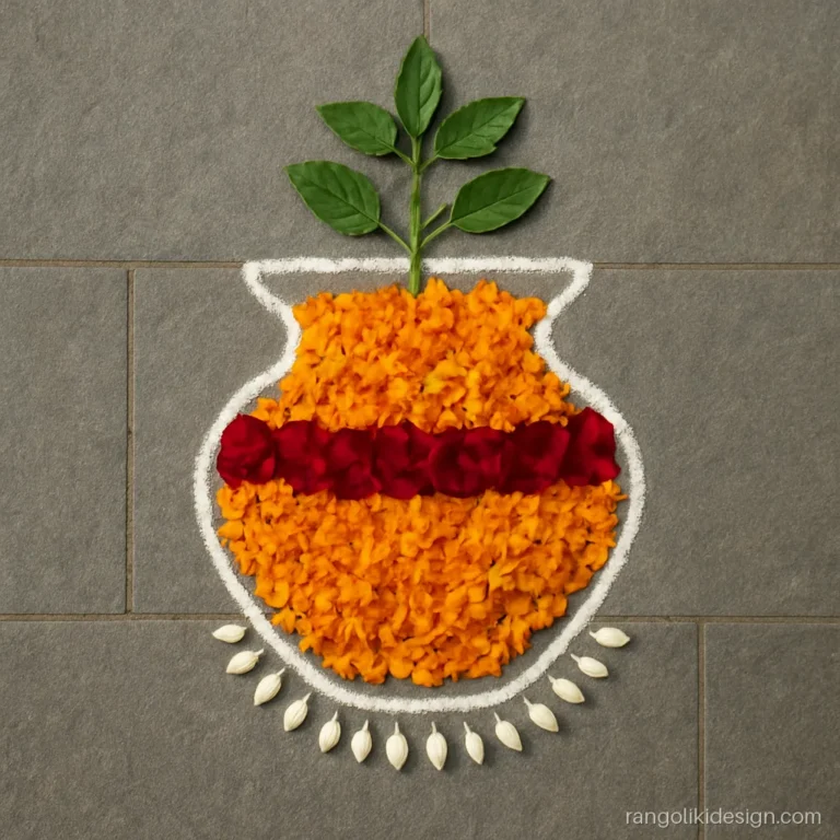 Flower tulsi rangoli with a tulsi pot outline filled with marigold and rose petals