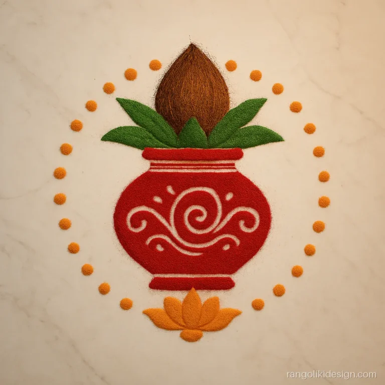 Dev Uthani Ekadashi rangoli with a kalash, coconut and a crown of tulsi leaves