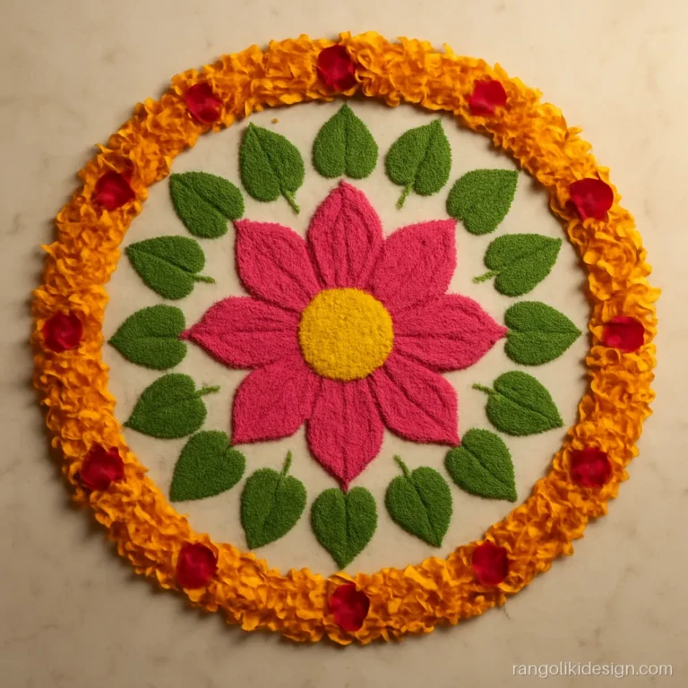 Tulsi vivah rangoli with a powder lotus and real marigold petals in the outer ring