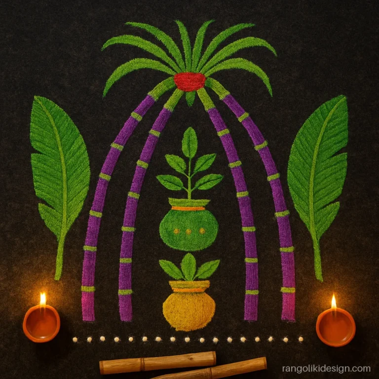 Tulsi vivah special rangoli design with a sugarcane mandap, kalash and banana leaves