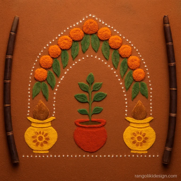 Special tulsi vivah rangoli with a marigold toran arch and two kalash