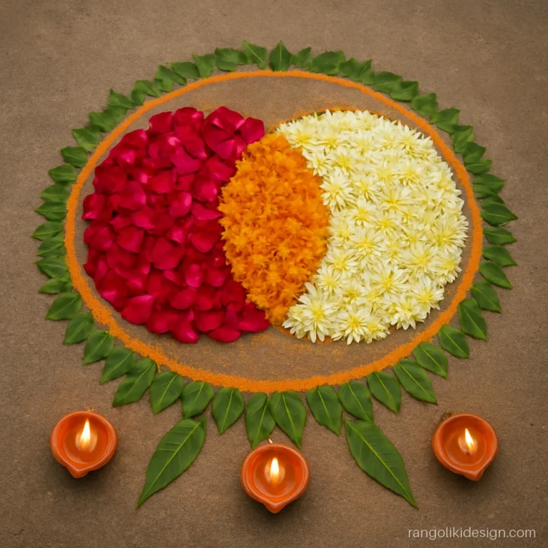 Rangoli for tulsi vivah made of rose and shevanti petals in two joined circles