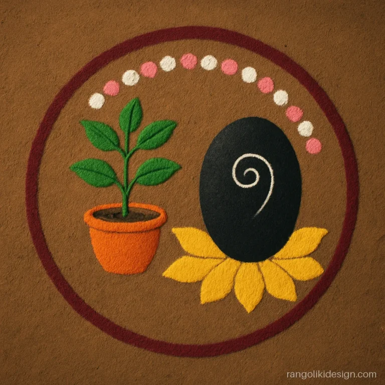 Tulsi vivah rangoli design with a black shaligram stone shape beside a tulsi plant