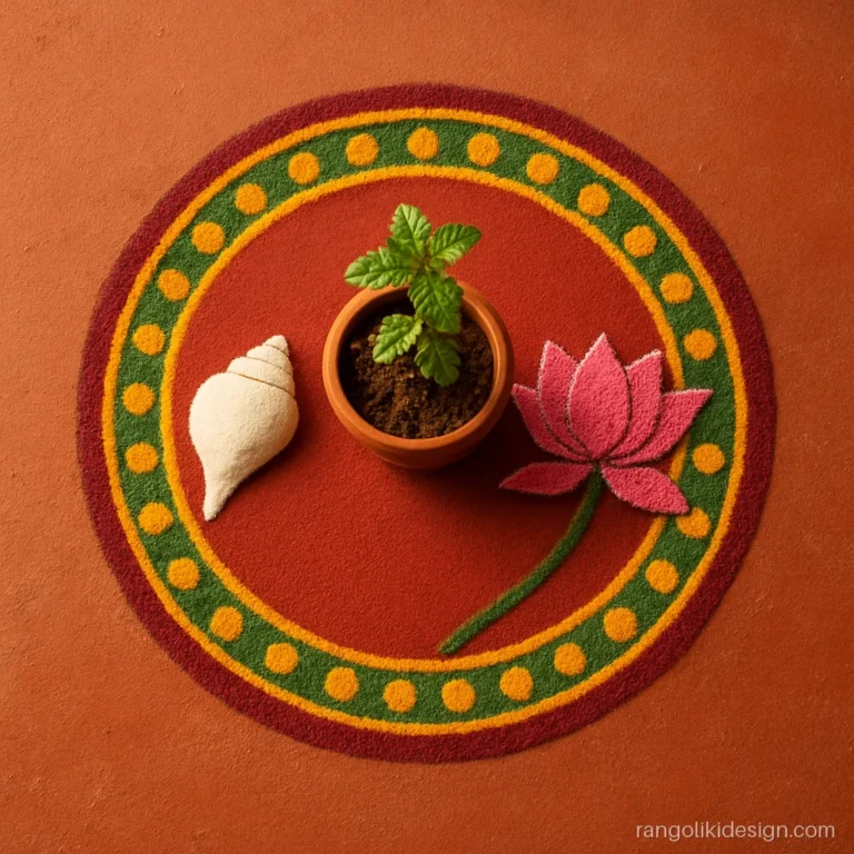 Tulsi puja rangoli design with a conch, lotus and tulsi pot in a round frame