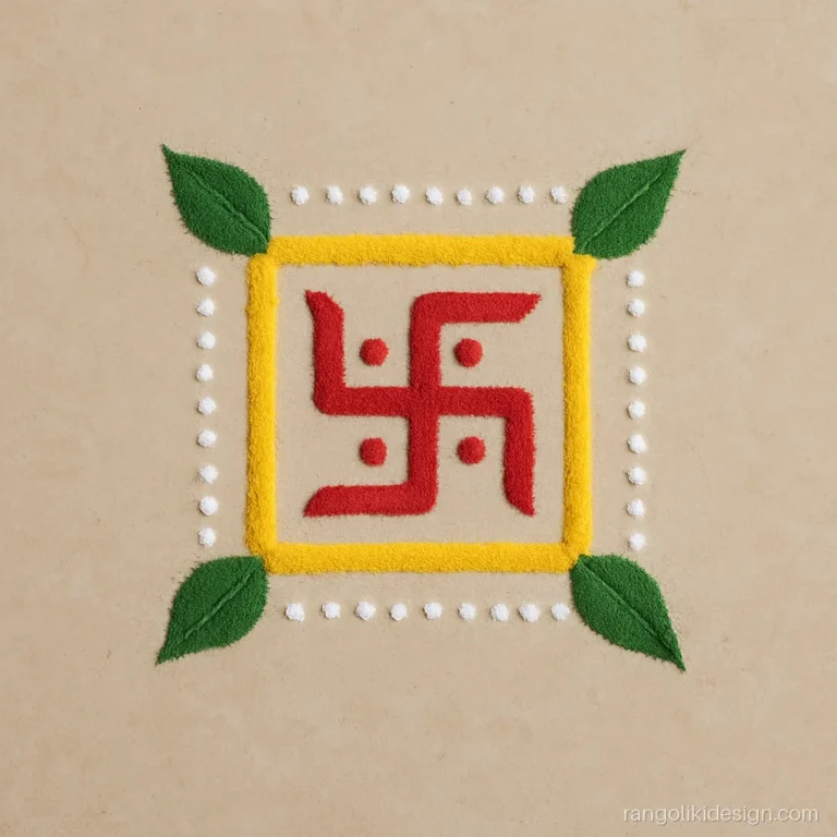 Tulsi vivah rangoli simple design with a swastik and four tulsi leaves in a square