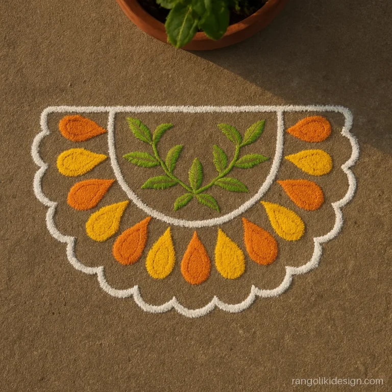 Small tulsi rangoli in a half moon shape with orange petals in front of the plant