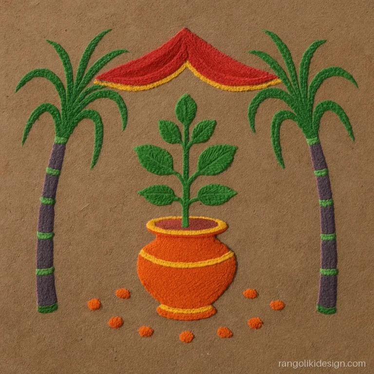 Tulsi vivah rangoli design with a drawn sugarcane mandap over a decorated tulsi pot