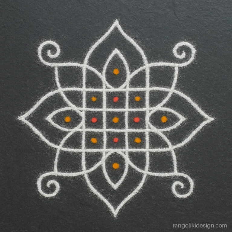 Tulasi rangoli in white rice flour kolam style in front of a tulasi kota
