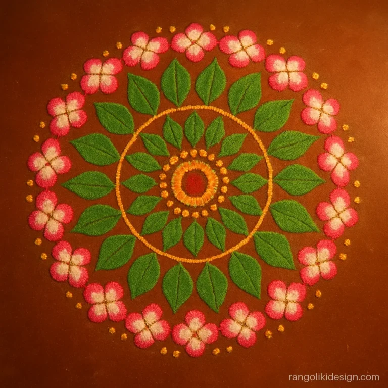 Unique rangoli design for tulsi vivah with a wedding garland around a tulsi leaf mandala
