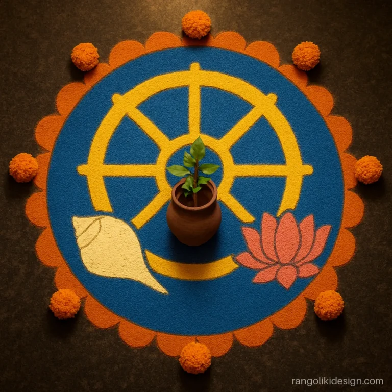 Tulsi puja rangoli with a Vishnu chakra, shankh and lotus around a tulsi pot