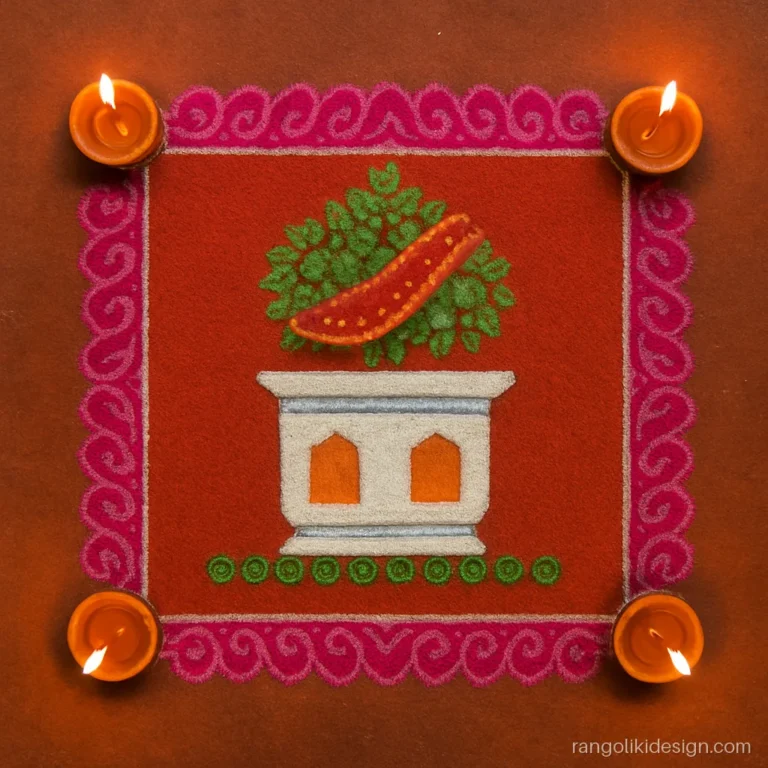 Tulsi vrindavan rangoli design showing the pot dressed as a bride with a red dupatta