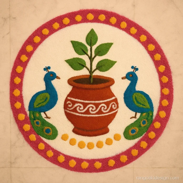 Rangoli design for tulsi vivah with a round tulsi pot between two small peacocks