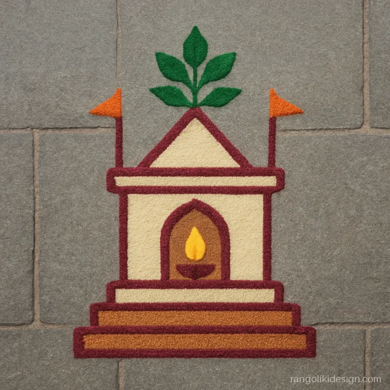 Tulsi rangoli design of a temple-style vrindavan with steps and a lamp niche