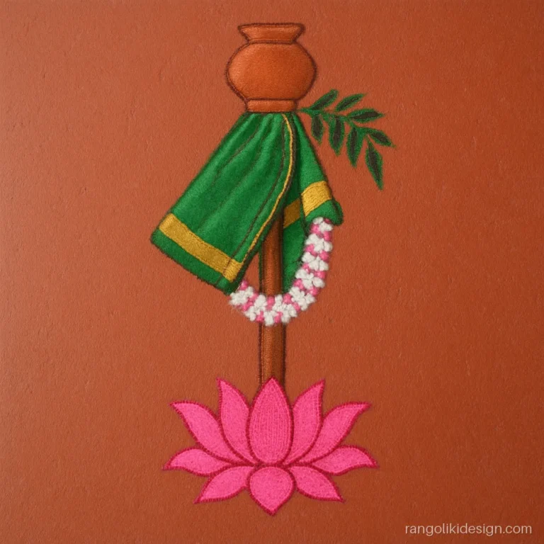 Gudi padwa rangoli design with a gudi pole, green silk and copper kalash