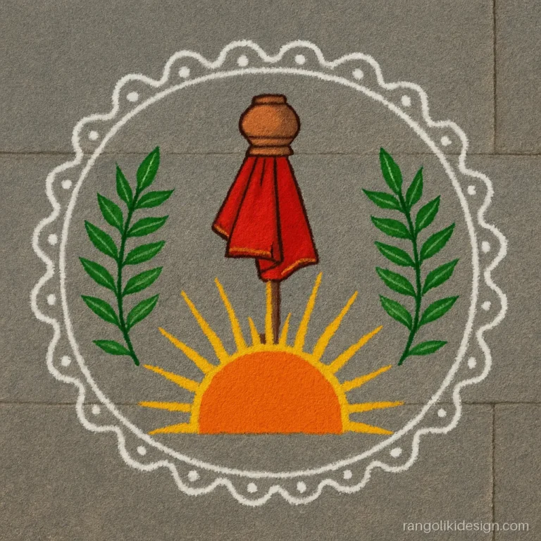 Simple easy gudi padwa rangoli design with a rising sun and gudi