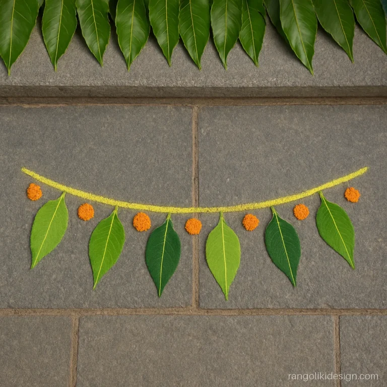 Ugadi special rangoli design of a mango leaf toran along a doorstep