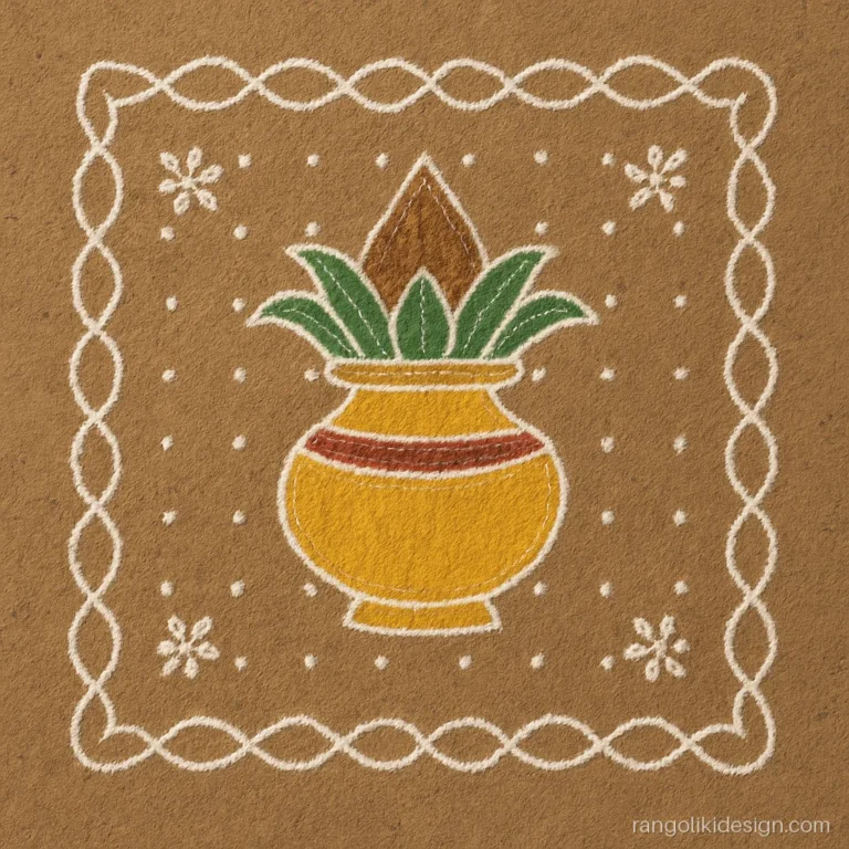 Ugadi rangoli designs with dots on a 13 to 7 grid with a kalash