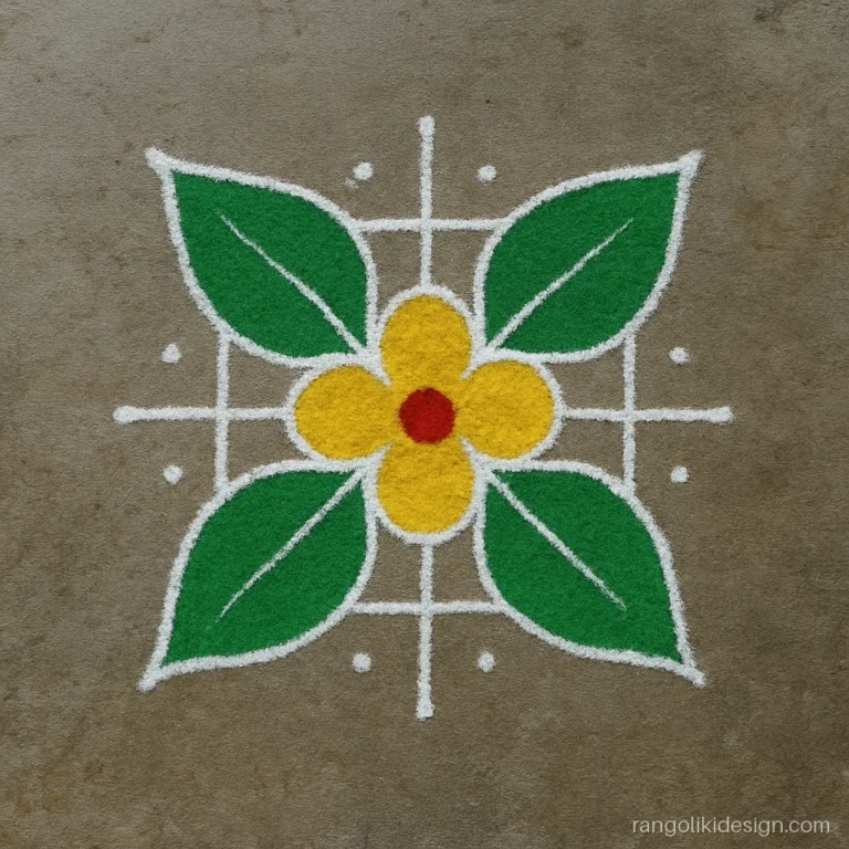 Traditional ugadi rangoli design with dots on a 9 to 5 grid with mango leaves