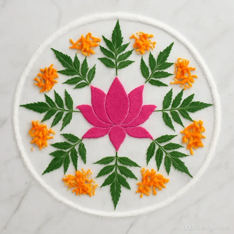 Ugadi flower rangoli design with neem sprigs around a lotus