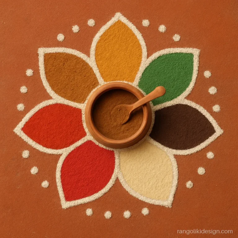 Rangoli design for Ugadi festival with a pachadi pot and six coloured petals
