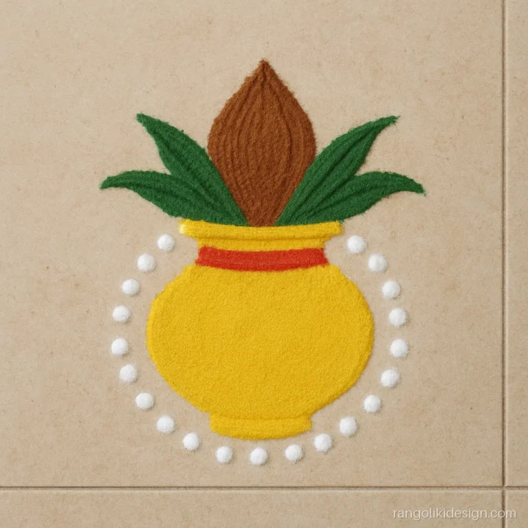 Simple rangoli design for ugadi with a mini kalash and dots