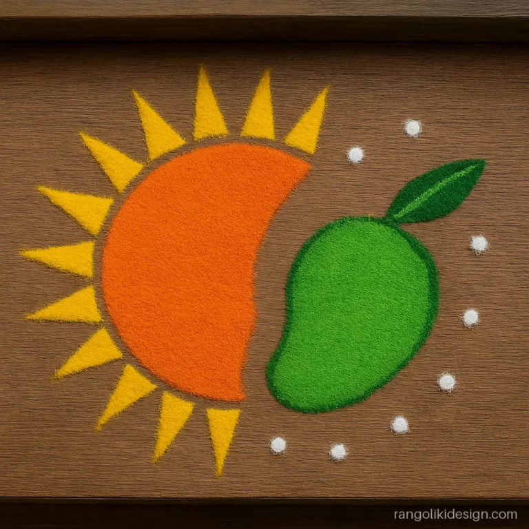 Easy ugadi rangoli design for a corner with sun and mango