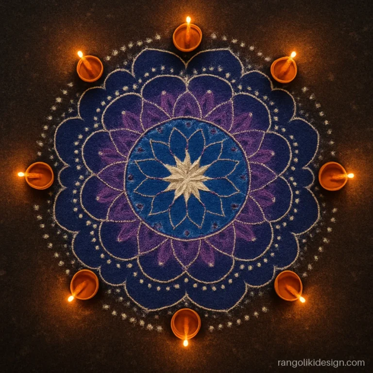 Unique attractive rangoli design of a big mandala with galaxy blue colours
