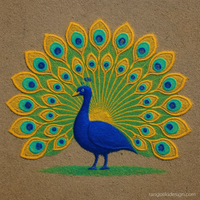 Attractive unique rangoli designs with a big peacock and fan tail