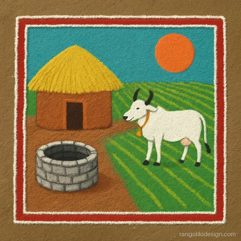Different types of rangoli designs with a village scene of hut and well