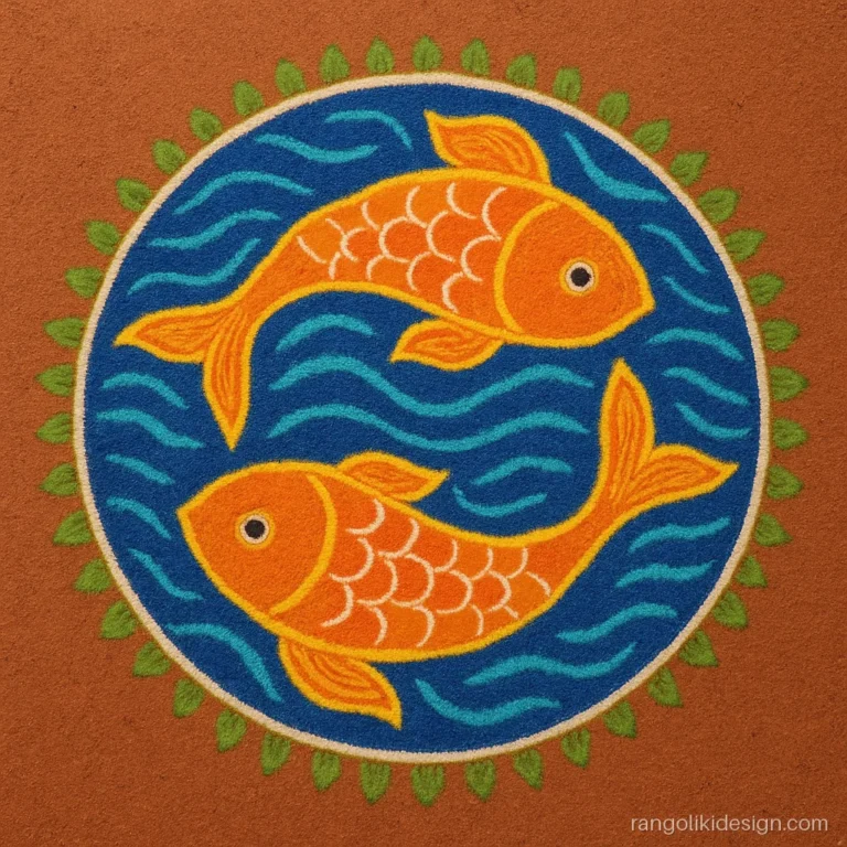 Creative rangoli design with two orange fish swimming in a circle