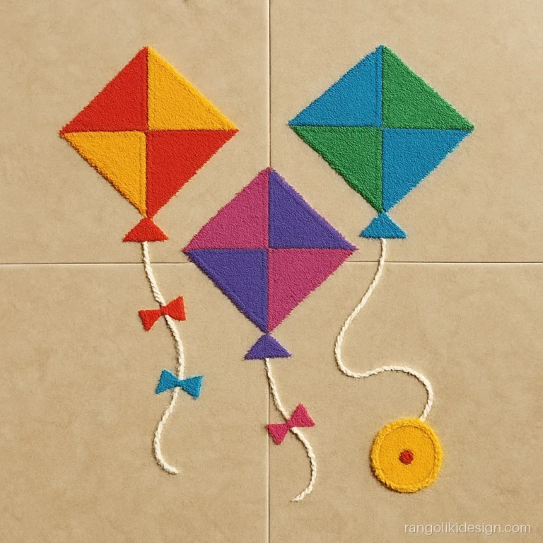 Different rangoli designs with colourful kites and a curling string