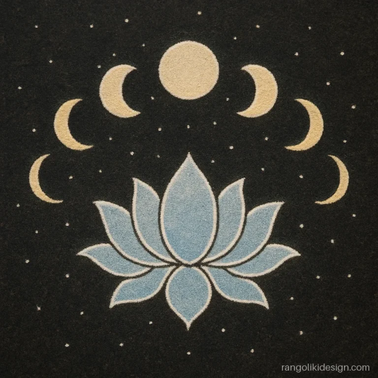 Unique rangoli design with moon phases arching over a white lotus