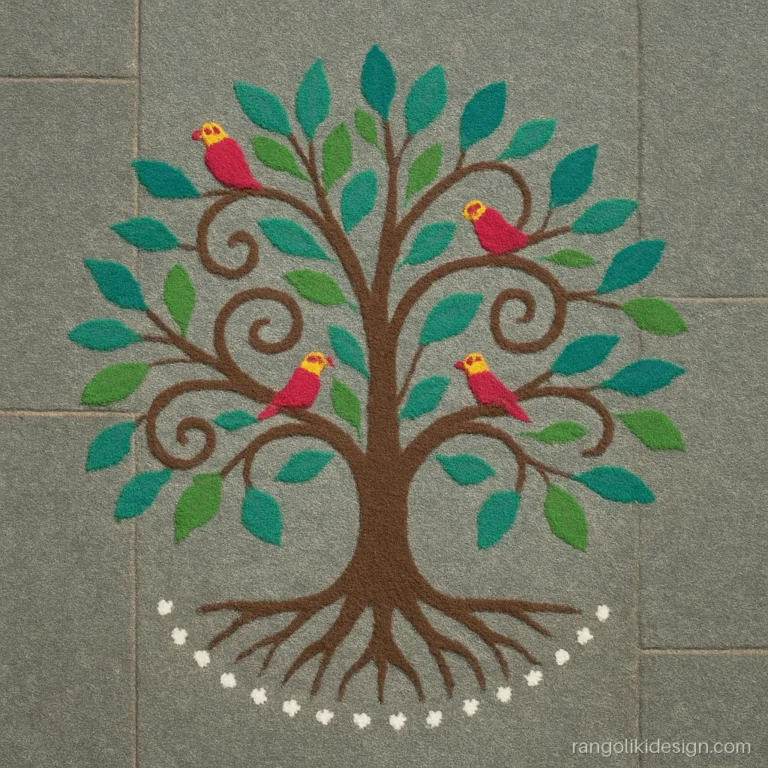 Creative unique rangoli design of a tree of life with birds and roots