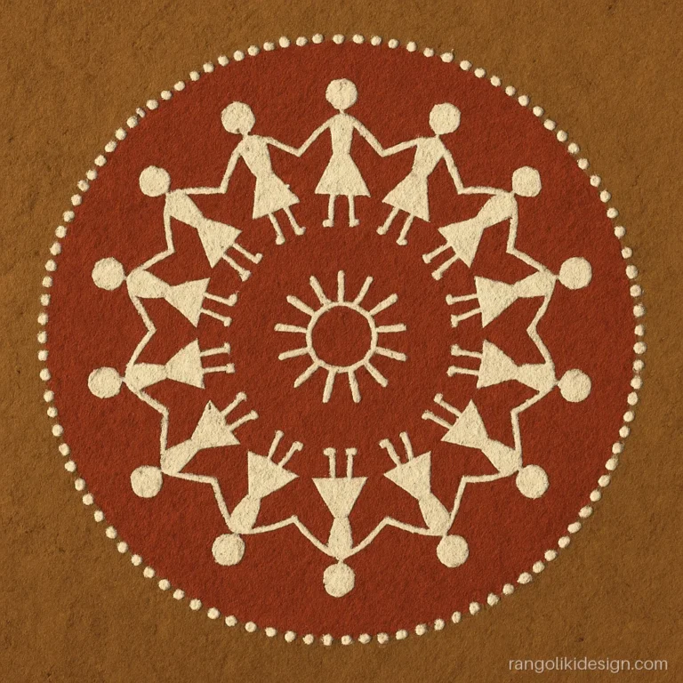 Unique rangoli designs with a Warli style dance circle in white