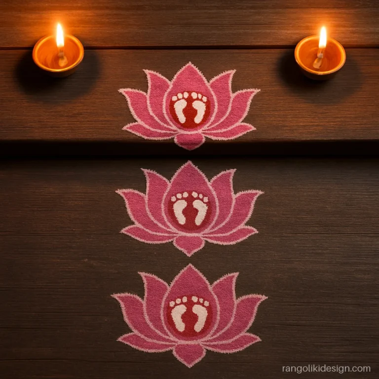Beautiful unique rangoli designs with Laxmi charan stepping across lotuses
