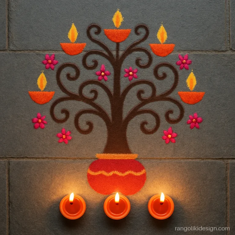 Unique rangoli design for Diwali with a tree of glowing diyas