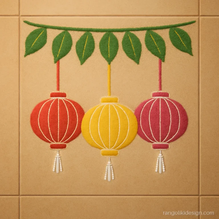Easy unique rangoli designs for Diwali with three hanging lanterns