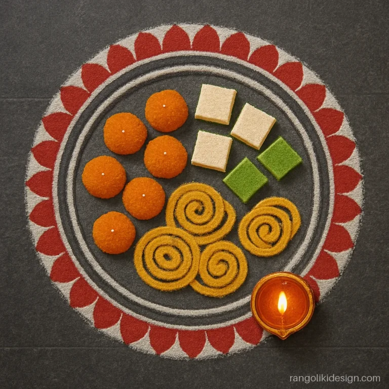 Best and easy rangoli designs for Diwali with a mithai plate motif