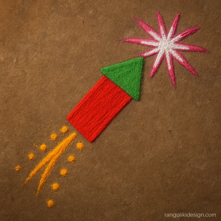 Unique Diwali rangoli design with a rocket and sparkles