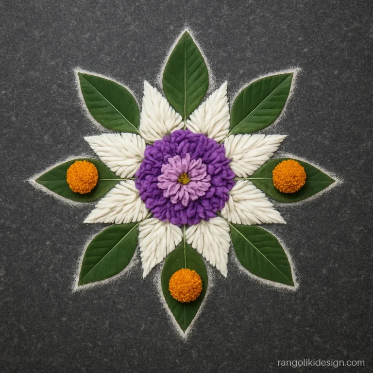Beautiful unique rangoli design with white chrysanthemum petals in a star