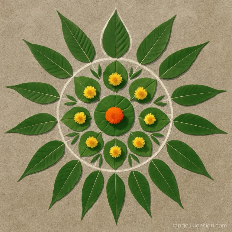 Unique rangoli designs made from green leaves and yellow flower heads