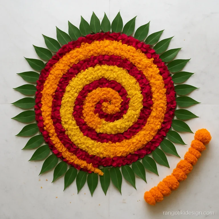 Unique flower rangoli design with a marigold and rose petal spiral