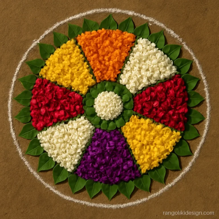 Unique flower rangoli design in Onam pookalam style with eight segments