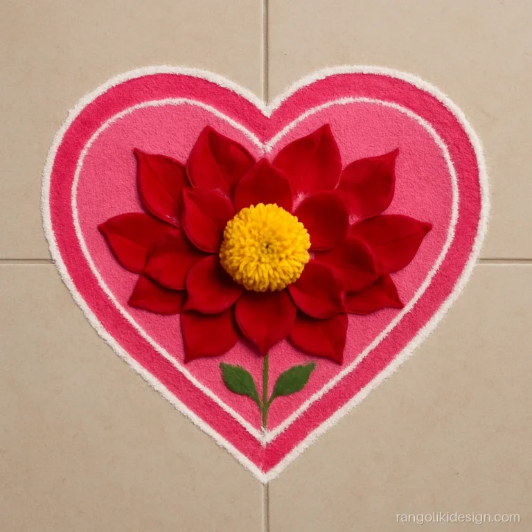 Unique rangoli design mixing pink powder and real rose petals