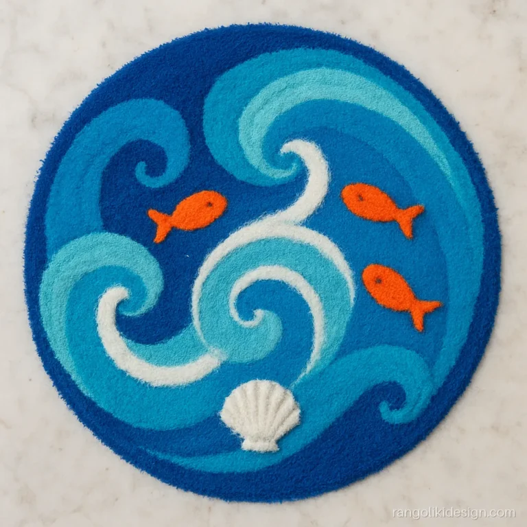 Creative rangoli designs made with coloured salt in rolling waves