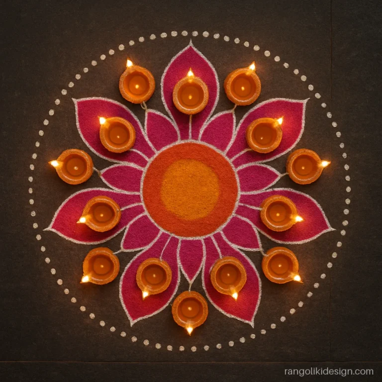 Special rangoli designs with twelve real diyas forming flower petals