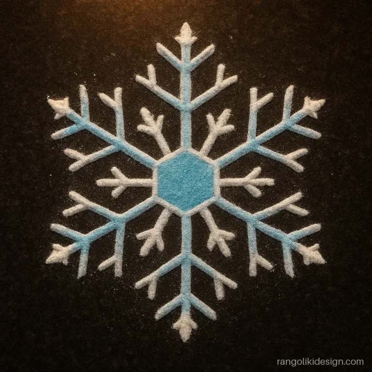 Unique rangoli design with silver glitter in a snowflake pattern
