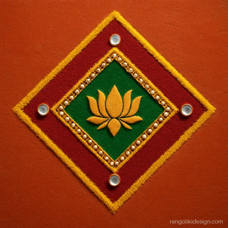 Unique rangoli designs with small mirrors and kundan stones in a chowk